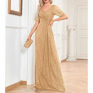 Womens V Neck Sequin Evening Formal Dress Short Sleeves Maxi Plus Size Prom Dress