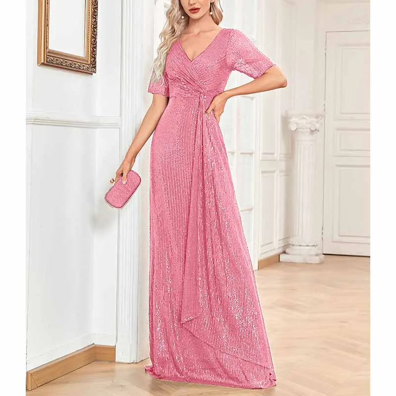 Womens V Neck Sequin Evening Formal Dress Short Sleeves Maxi Plus Size Prom Dress