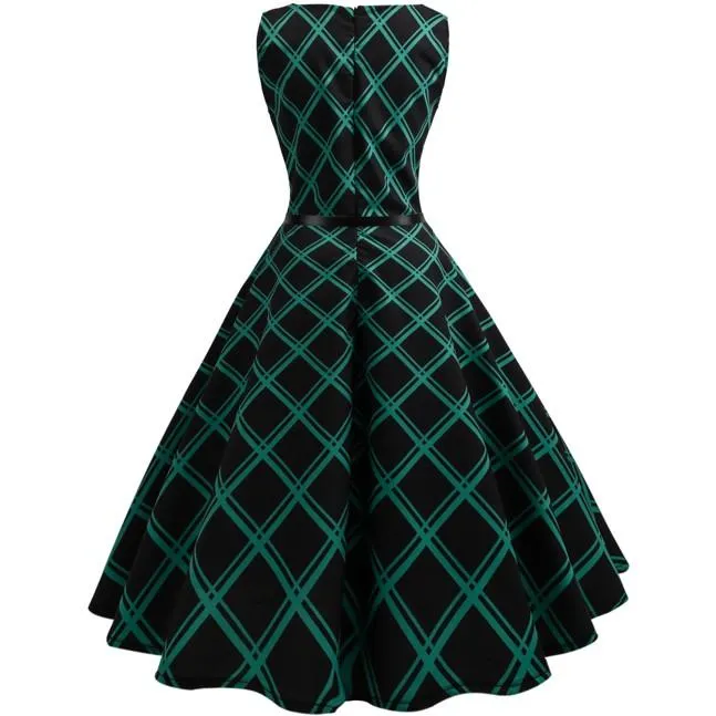 Women's Vintage Plaid Sleeveless Evening Party Hepburn Dress with Belt