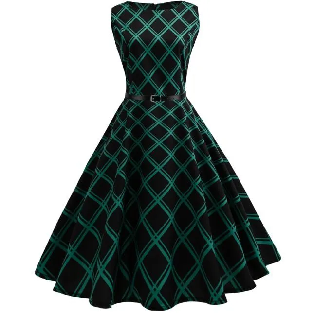 Women's Vintage Plaid Sleeveless Evening Party Hepburn Dress with Belt