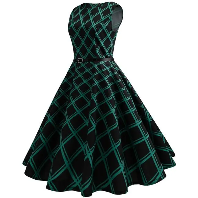 Women's Vintage Plaid Sleeveless Evening Party Hepburn Dress with Belt