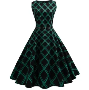 Women's Vintage Plaid Sleeveless Evening Party Hepburn Dress with Belt