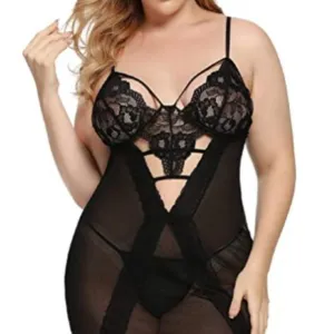 Women Sexy Chemise Lace Trim Strappy Mesh V- Neck Sleepwear Babydoll
