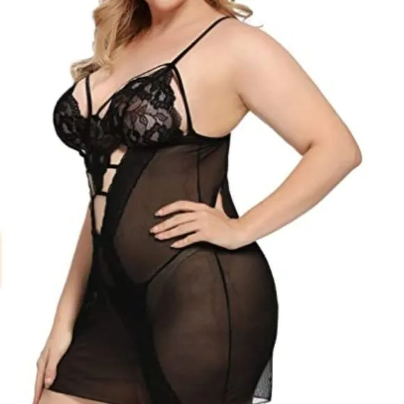 Women Sexy Chemise Lace Trim Strappy Mesh V- Neck Sleepwear Babydoll