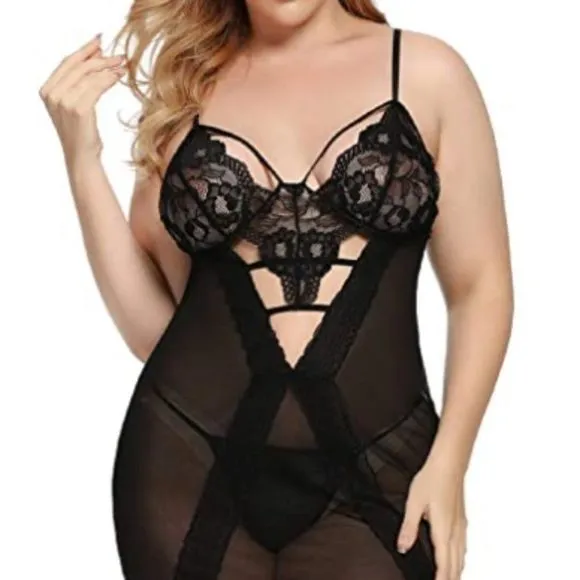 Women Sexy Chemise Lace Trim Strappy Mesh V- Neck Sleepwear Babydoll