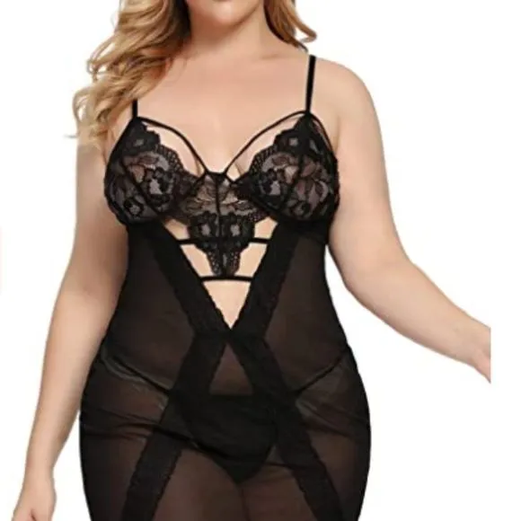Women Sexy Chemise Lace Trim Strappy Mesh V- Neck Sleepwear Babydoll
