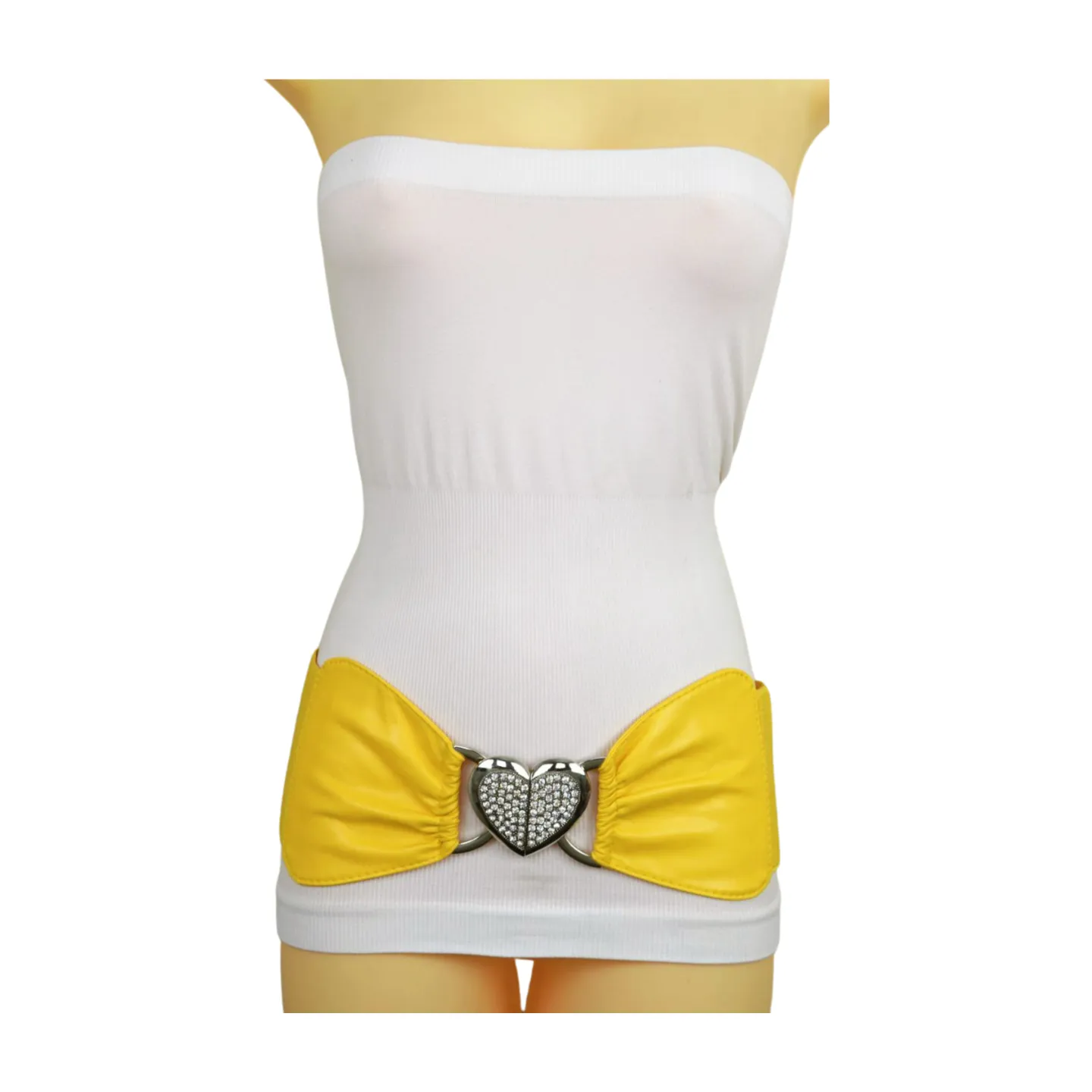 Yellow Faux Leather Elastic Fashion Belt Heart Buckle S M