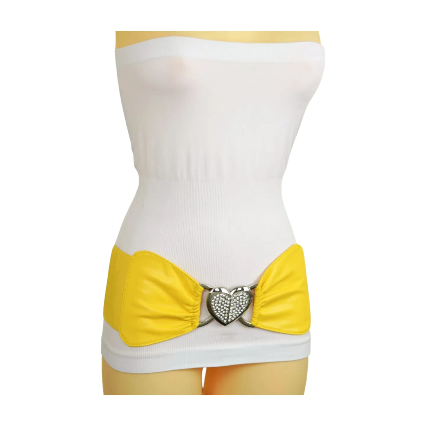 Yellow Faux Leather Elastic Fashion Belt Heart Buckle S M