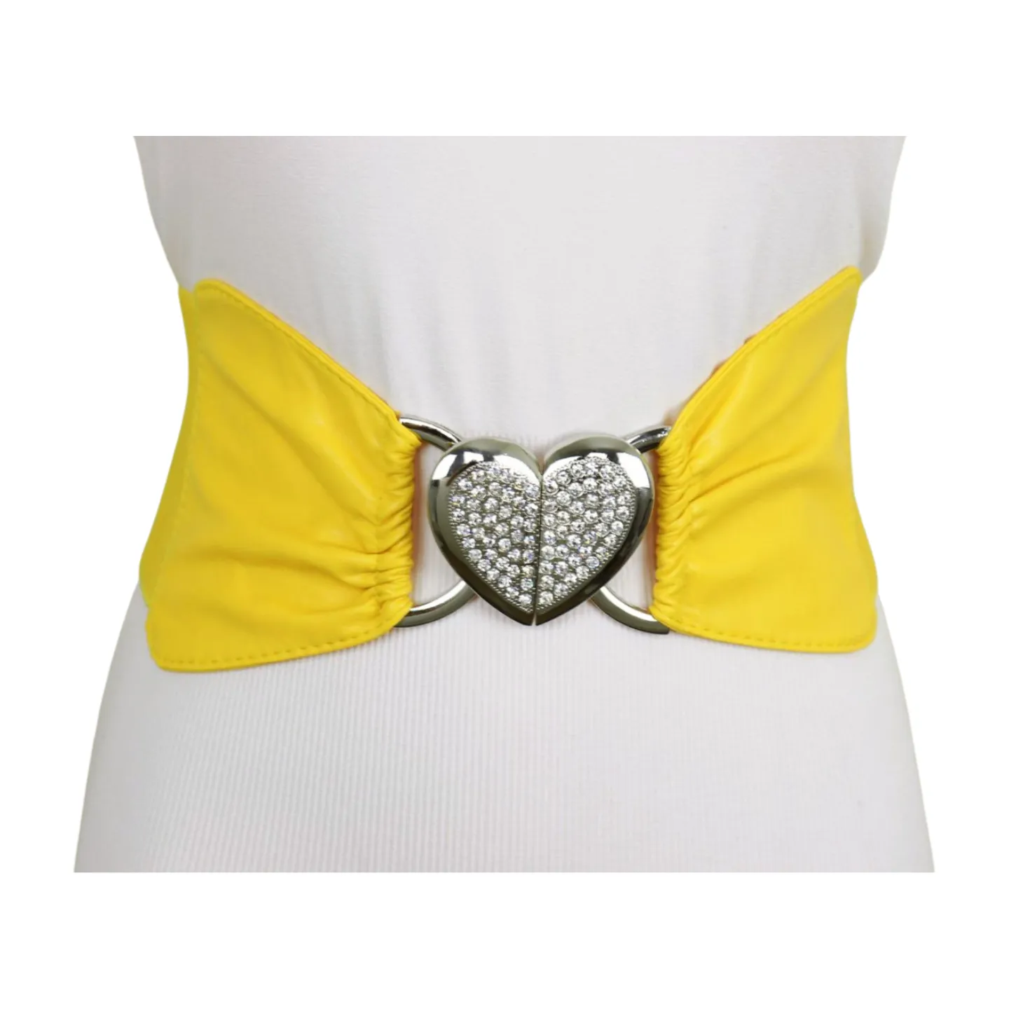Yellow Faux Leather Elastic Fashion Belt Heart Buckle S M