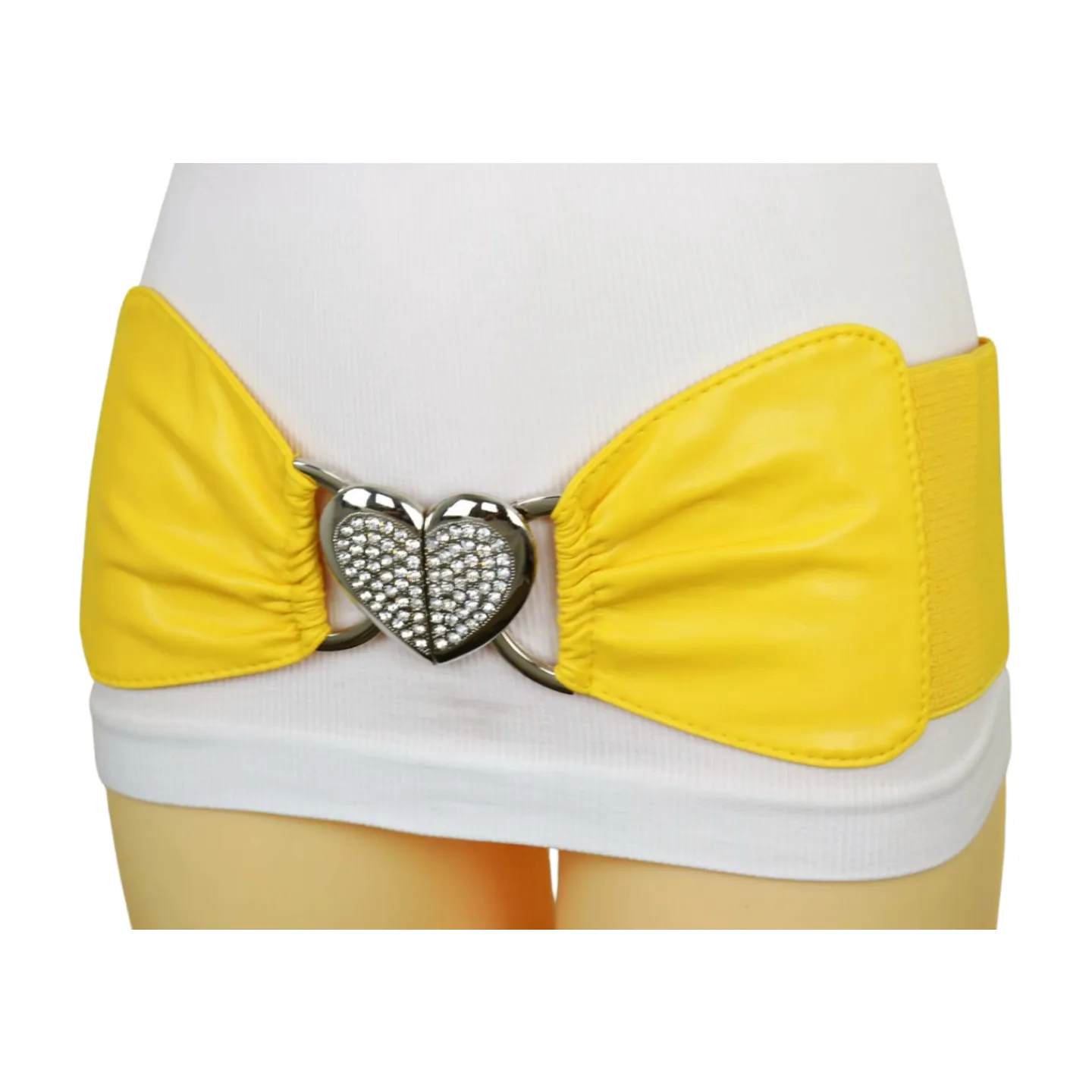 Yellow Faux Leather Elastic Fashion Belt Heart Buckle S M