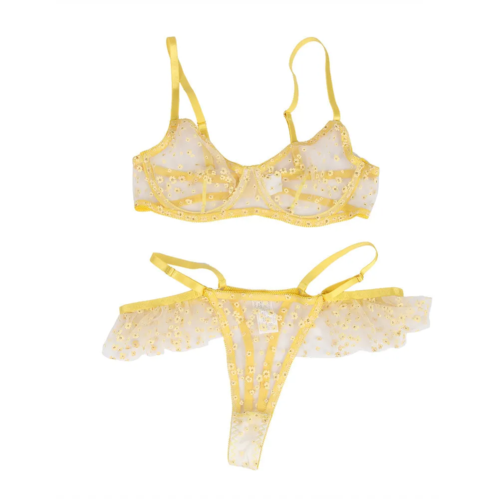 Yellow Floral Mesh Underwire Sexy Egypt Bra Set