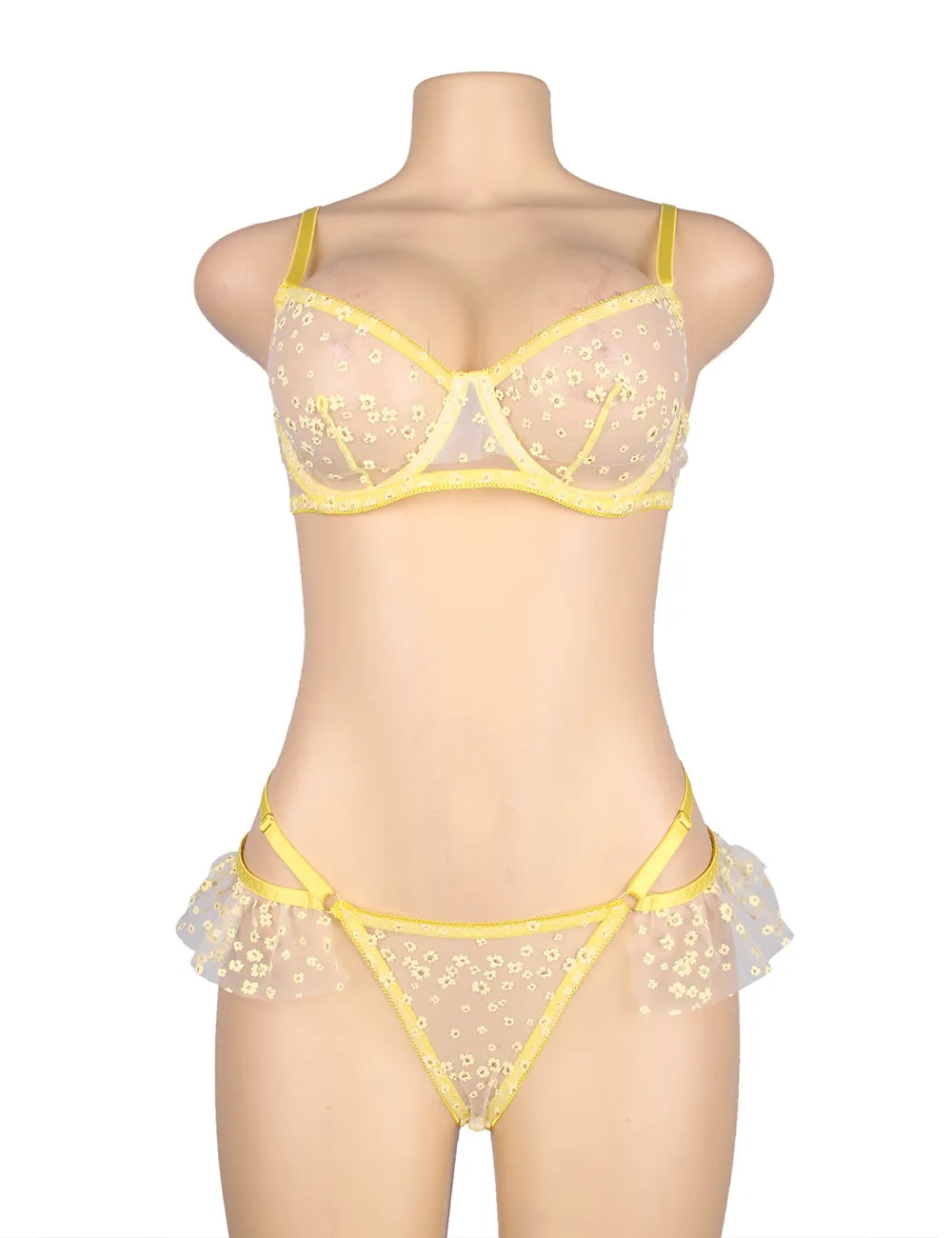 Yellow Floral Mesh Underwire Sexy Egypt Bra Set