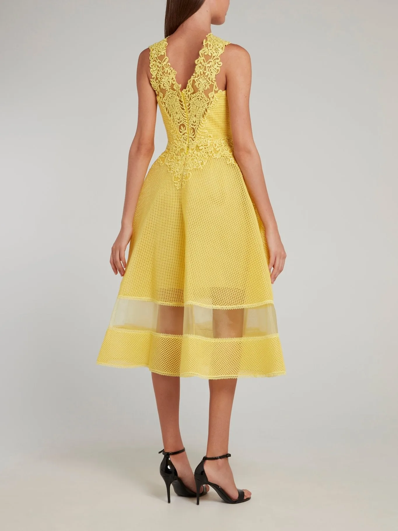 Yellow Lace Neckline Midi Dress