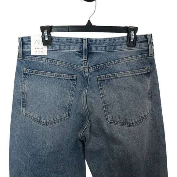 Zara Womens Wide Leg Jeans EU 40 US 8 Blue Mid Rise Full Length 6045/328 NWT