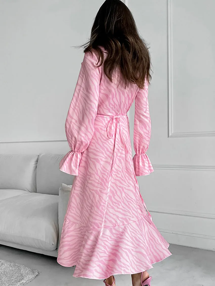 Zebra Print Lace Up Ruffle V Neck A Line Dresses