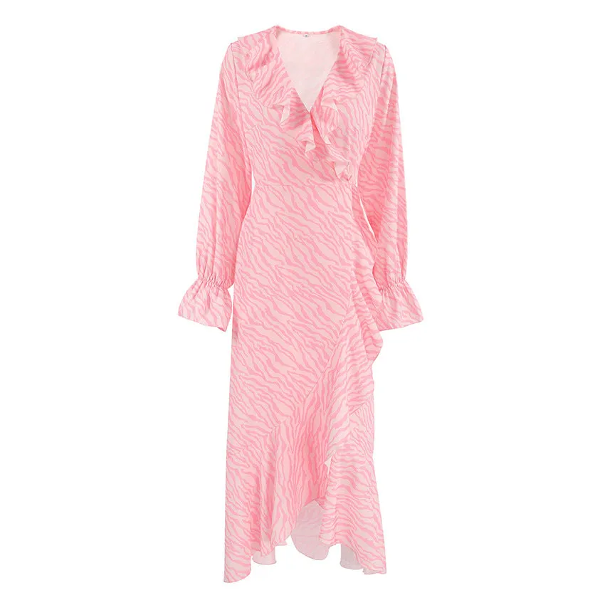 Zebra Print Lace Up Ruffle V Neck A Line Dresses