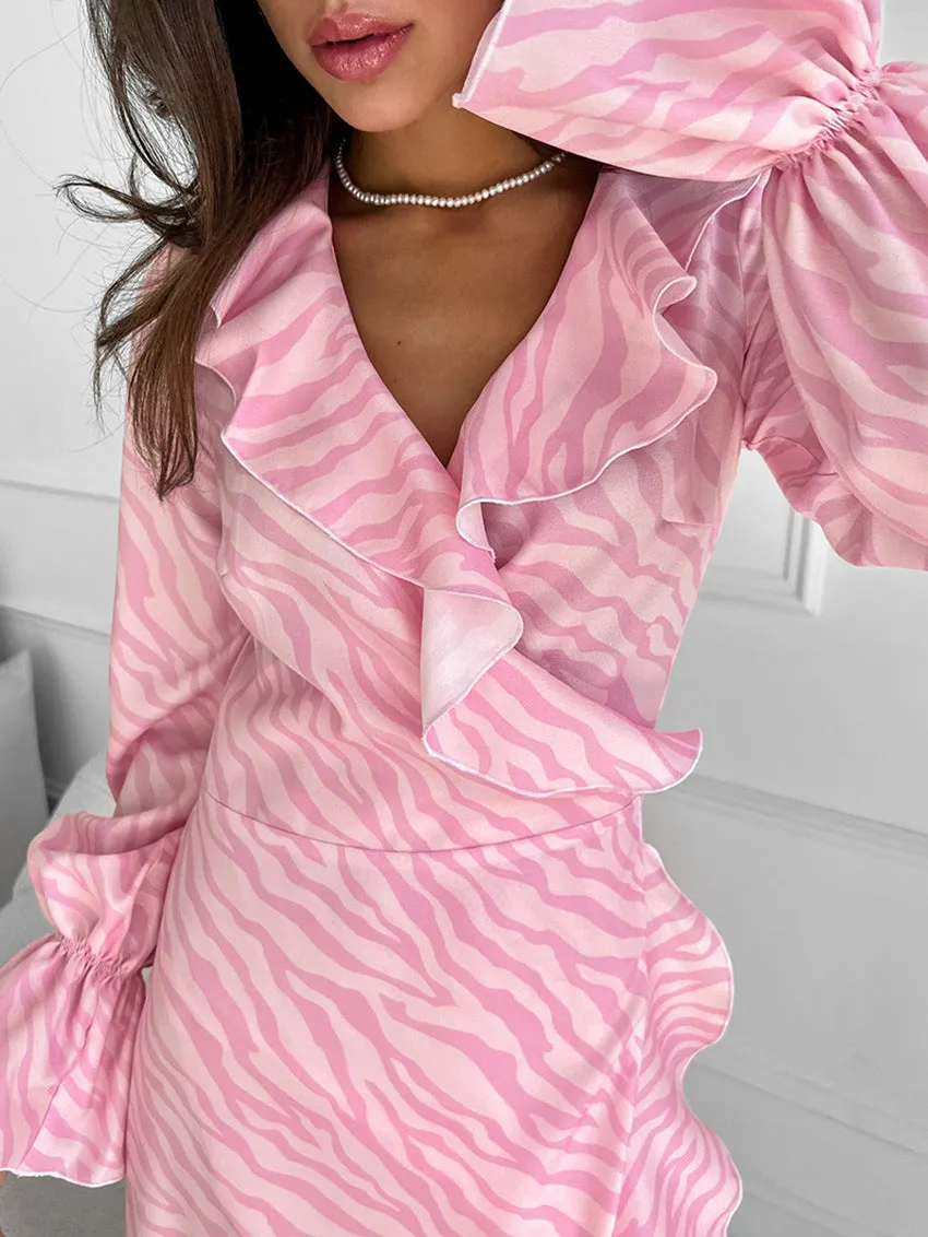 Zebra Print Lace Up Ruffle V Neck A Line Dresses