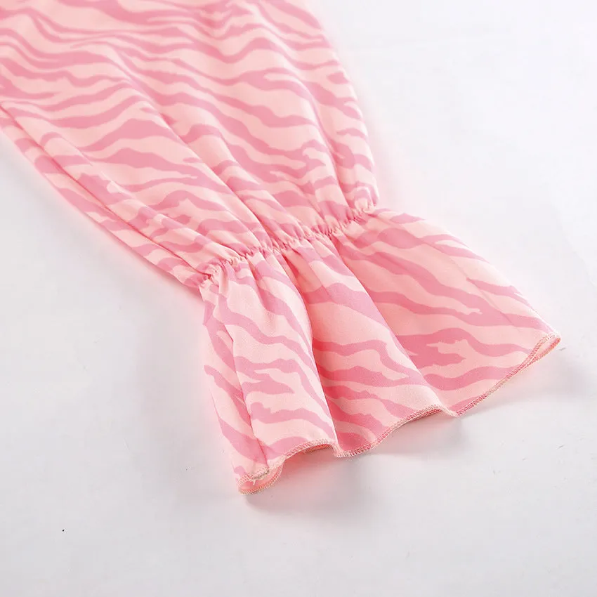 Zebra Print Lace Up Ruffle V Neck A Line Dresses