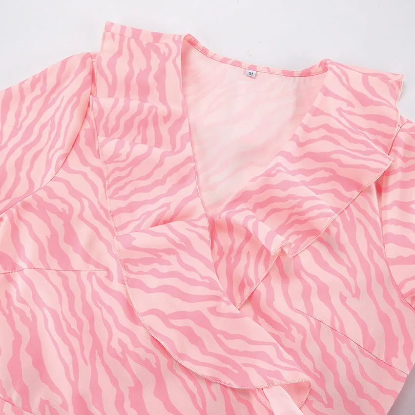 Zebra Print Lace Up Ruffle V Neck A Line Dresses