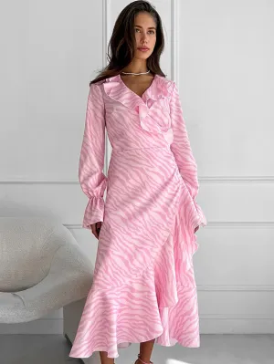 Zebra Print Lace Up Ruffle V Neck A Line Dresses