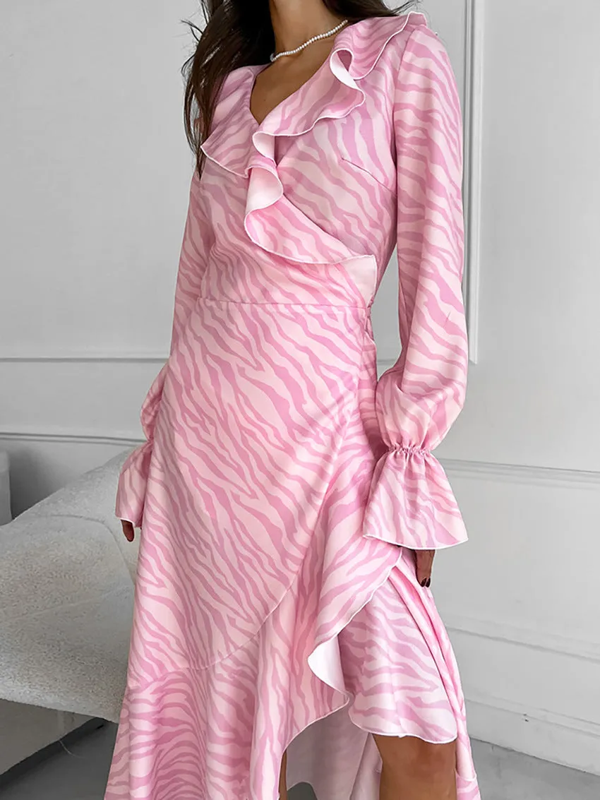 Zebra Print Lace Up Ruffle V Neck A Line Dresses