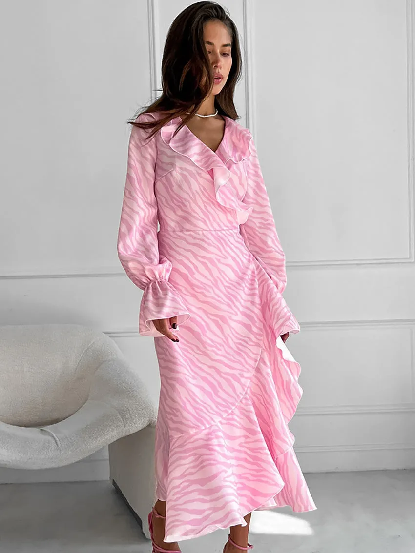 Zebra Print Lace Up Ruffle V Neck A Line Dresses
