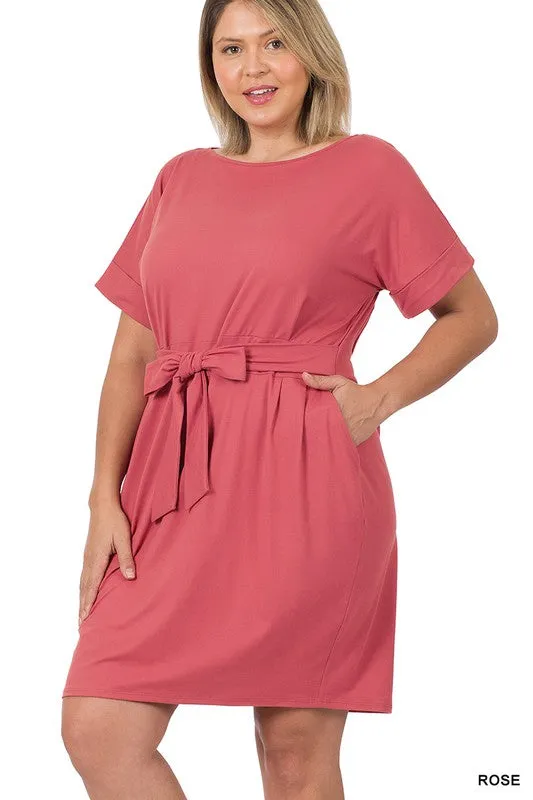 ZENANA Plus Brushed Tie Belt Dress