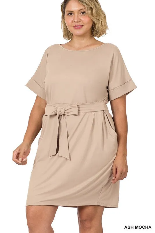 ZENANA Plus Brushed Tie Belt Dress