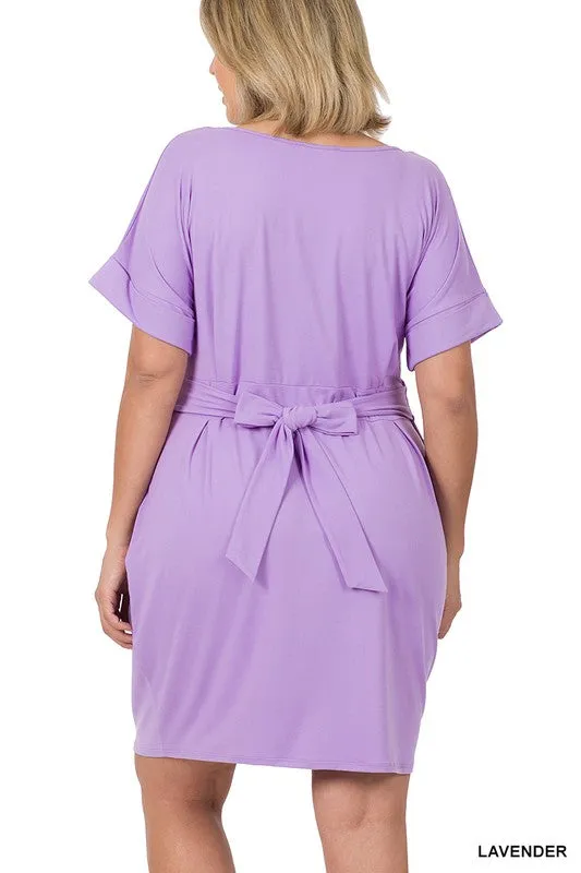 ZENANA Plus Brushed Tie Belt Dress