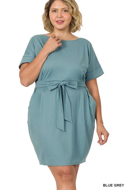 ZENANA Plus Brushed Tie Belt Dress