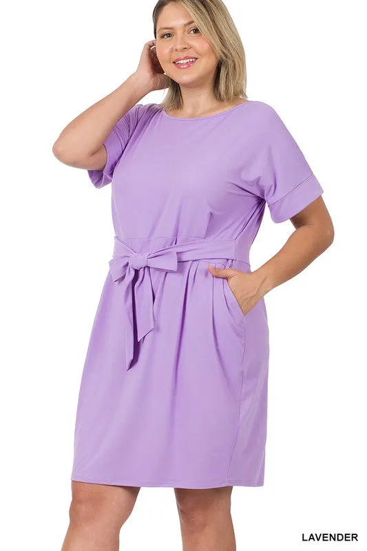 ZENANA Plus Brushed Tie Belt Dress